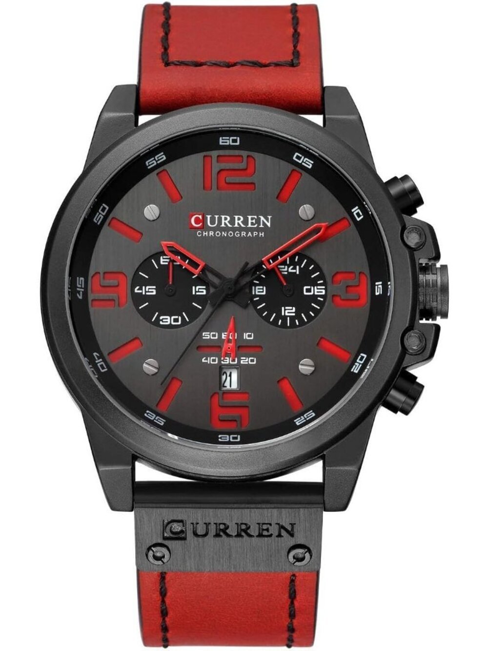 Men's Black And Red Analog Leather Strap Sandwich Dial Chronograph Wrist Watch
